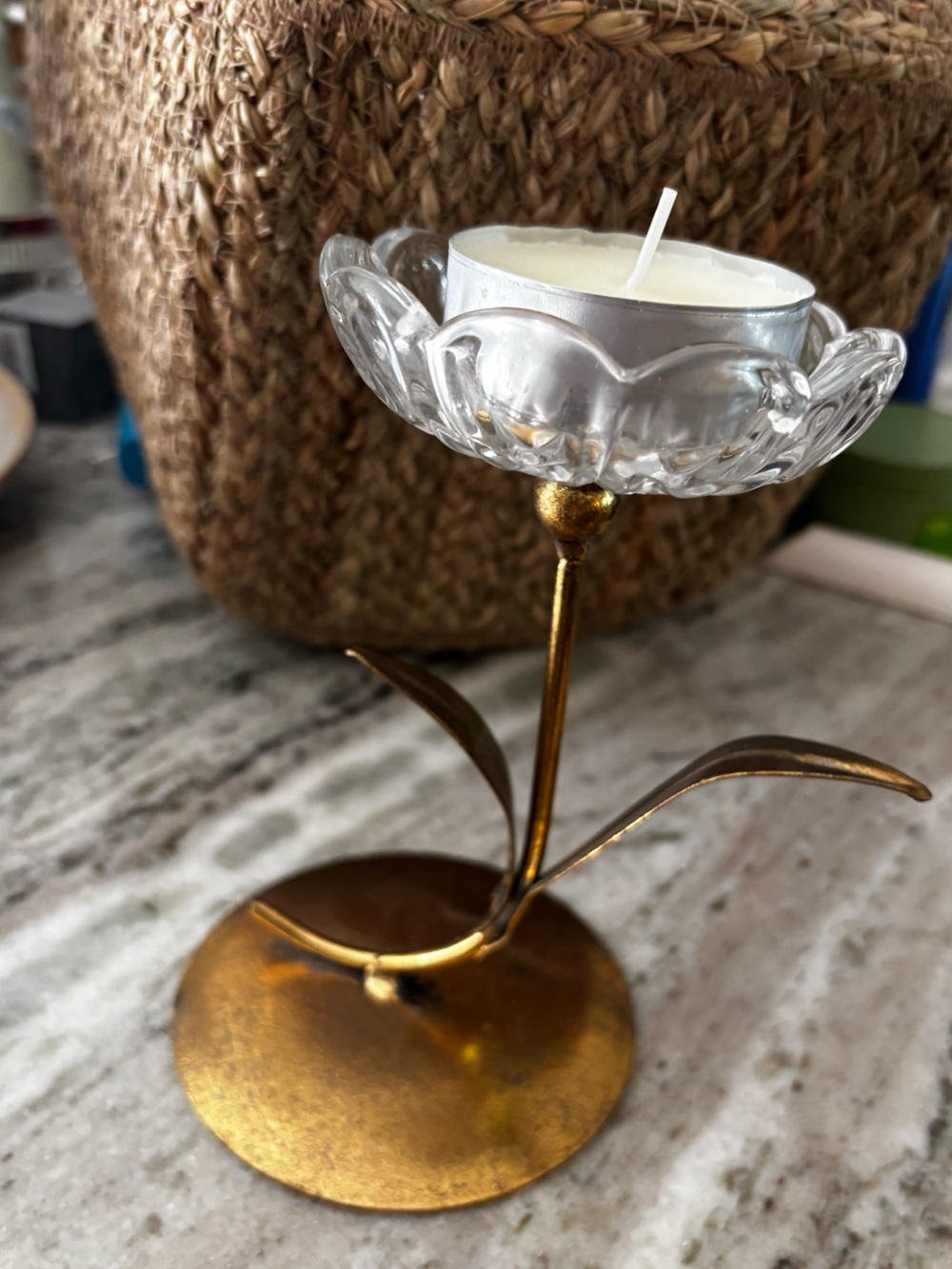 Gold Floral Metal Tealight Holder with Clear Glass Petal Cup